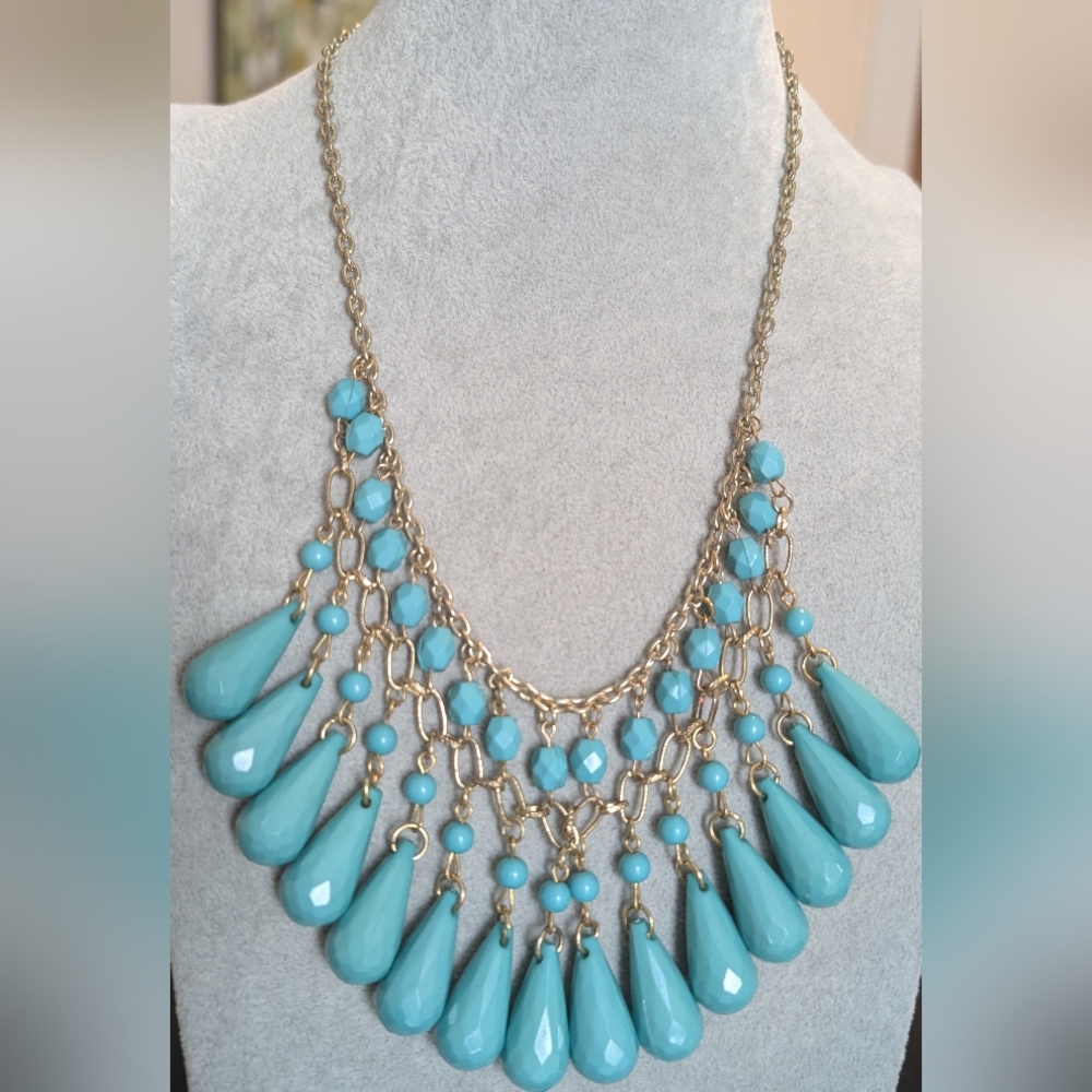 Turquoise Gold-Tone Statement Bib Necklace